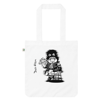 White organic fashion tote bag featuring Miss Piggy and Kermit Halloween parody art by Donny Meloche.