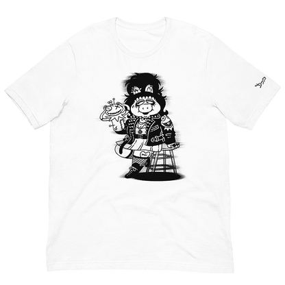 White unisex staple T-shirt featuring Miss Piggy and Kermit Halloween parody art by Donny Meloche.