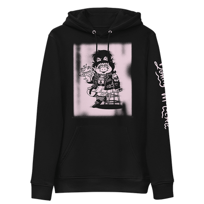 Black unisex eco-friendly hoodie featuring Miss Piggy and Kermit Halloween parody art by Donny Meloche.