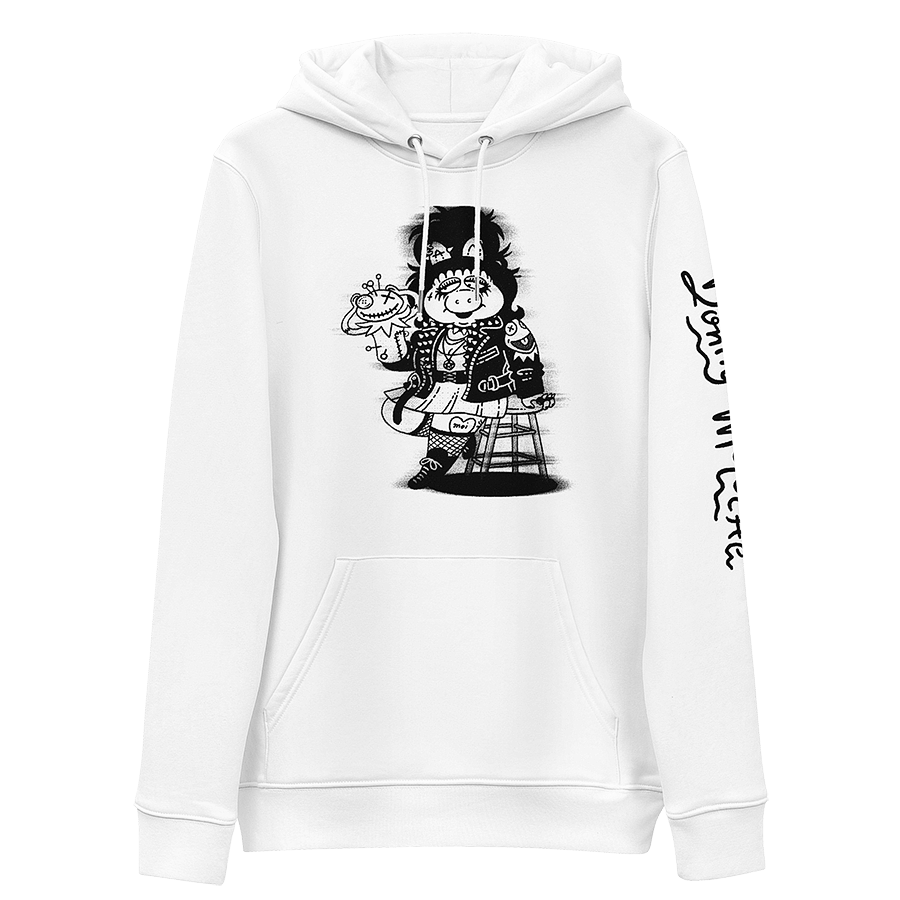 White unisex eco-friendly hoodie featuring Miss Piggy and Kermit Halloween parody art by Donny Meloche.