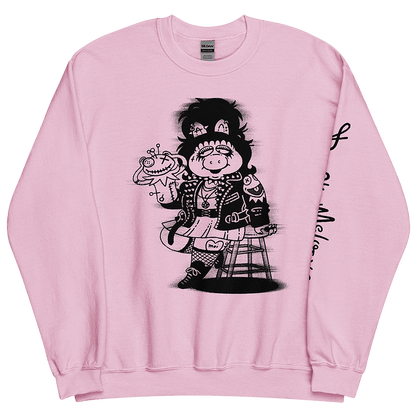 Pink unisex crew neck sweatshirt with Miss Piggy and Kermit Halloween parody art by Donny Meloche.