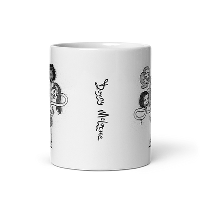 The side of a glossy white mug with a playful cartoon drawing of the Spice Girls merged together as a friendly hydra Halloween monster. © Donny Meloche.