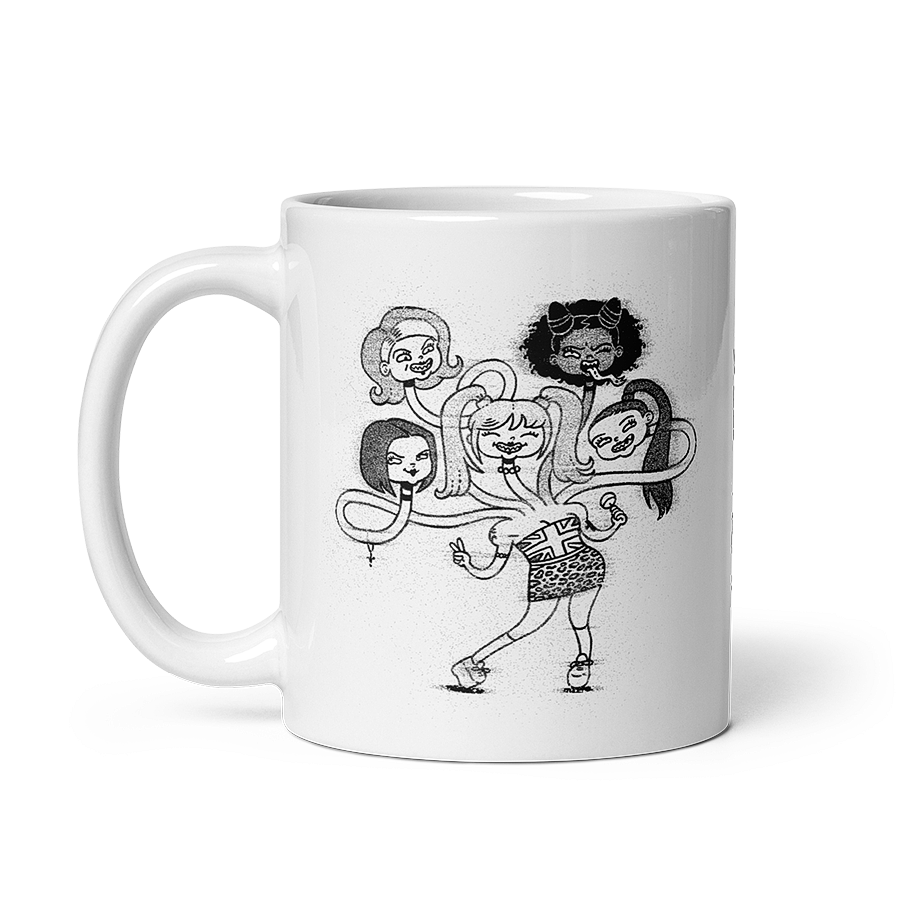 The front of a glossy white mug with a playful cartoon drawing of the Spice Girls merged together as a friendly hydra Halloween monster. © Donny Meloche.