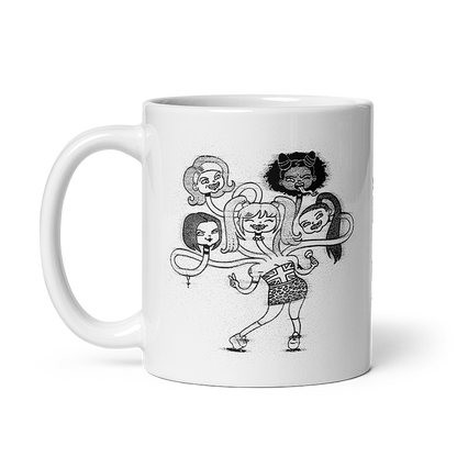 The front of a glossy white mug with a playful cartoon drawing of the Spice Girls merged together as a friendly hydra Halloween monster. © Donny Meloche.