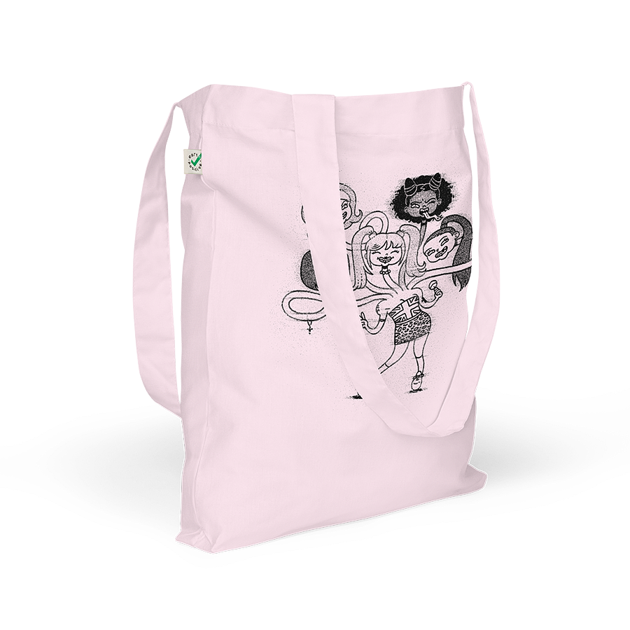 A pink fashion tote bag, featuring a playful cartoon drawing of the Spice Girls merged together as a friendly hydra monster. © Donny Meloche.