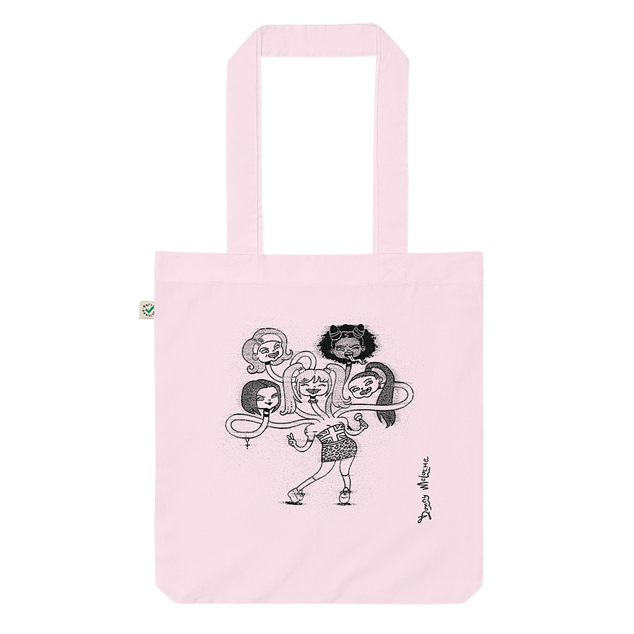 The front of a pink fashion tote bag, featuring a playful cartoon drawing of the Spice Girls merged together as a friendly hydra monster. © Donny Meloche.