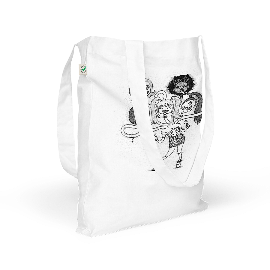 A white fashion tote bag, featuring a playful cartoon drawing of the Spice Girls merged together as a friendly hydra monster. © Donny Meloche.