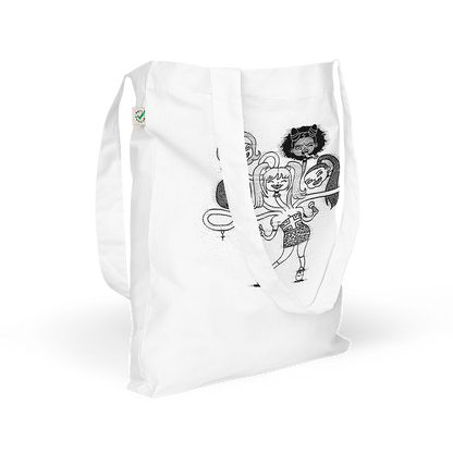 A white fashion tote bag, featuring a playful cartoon drawing of the Spice Girls merged together as a friendly hydra monster. © Donny Meloche.