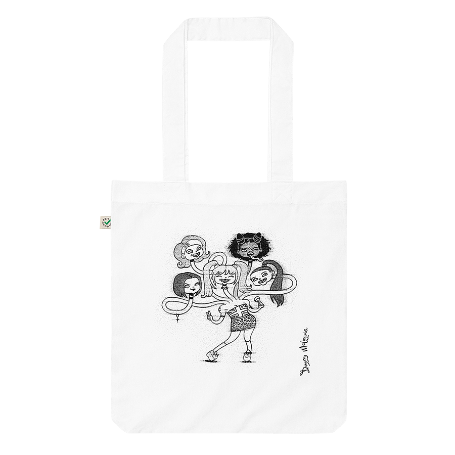 The front of a white fashion tote bag, featuring a playful cartoon drawing of the Spice Girls merged together as a friendly hydra monster. © Donny Meloche.