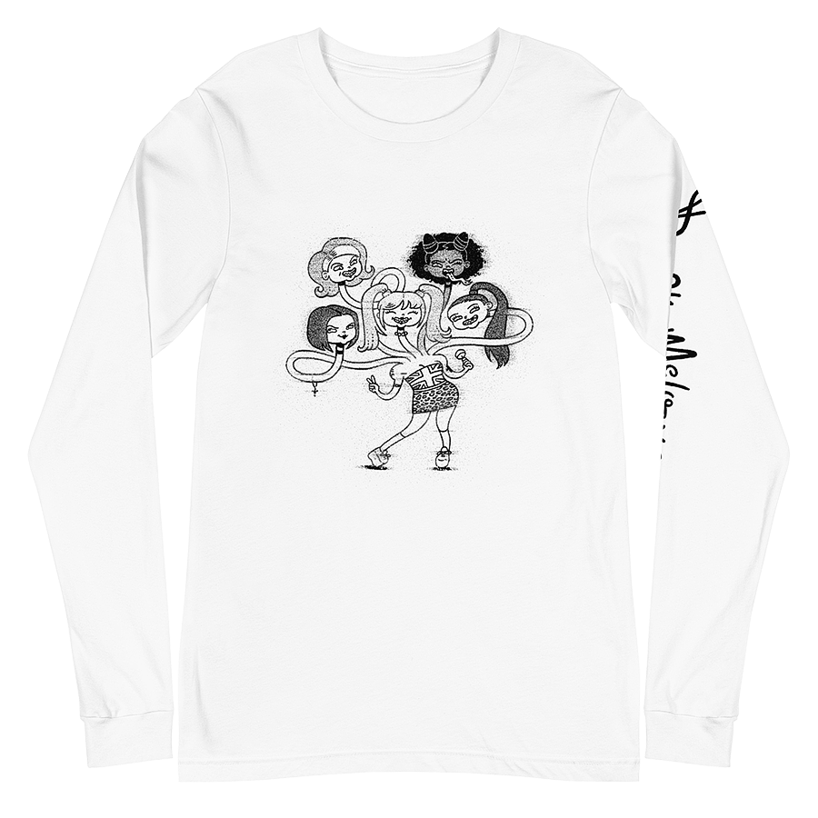 The front of a white long-sleeve tee, featuring a playful cartoon drawing of the Spice Girls merged together as a friendly hydra monster. © Donny Meloche.