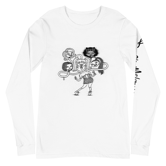 The front of a white long-sleeve tee, featuring a playful cartoon drawing of the Spice Girls merged together as a friendly hydra monster. © Donny Meloche.