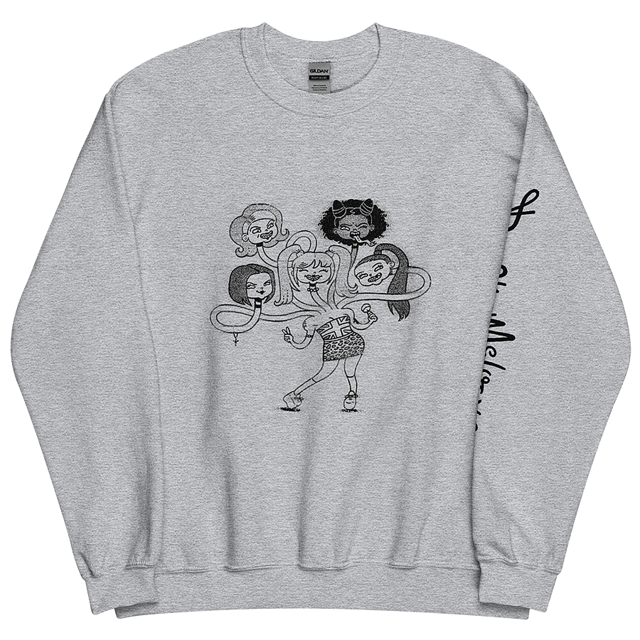 The front of a gray unisex sweatshirt, featuring a playful cartoon drawing of the Spice Girls merged together as a friendly hydra monster. © Donny Meloche.