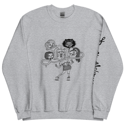 The front of a gray unisex sweatshirt, featuring a playful cartoon drawing of the Spice Girls merged together as a friendly hydra monster. © Donny Meloche.