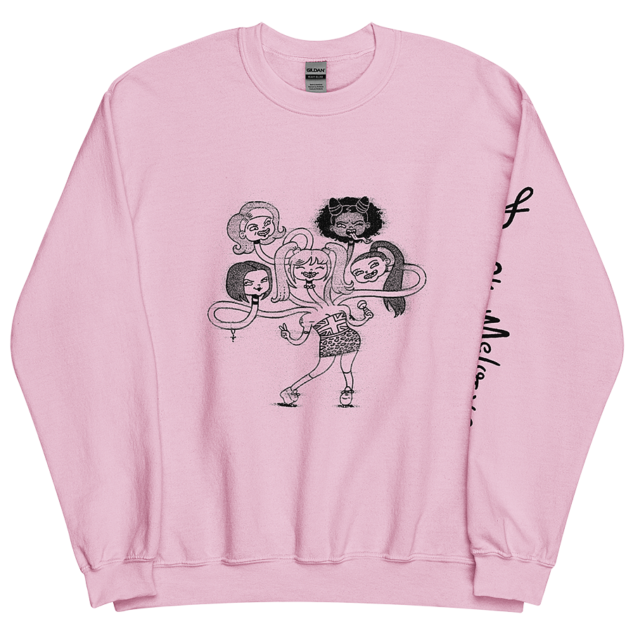 The front of a pink unisex sweatshirt, featuring a playful cartoon drawing of the Spice Girls merged together as a friendly hydra monster. © Donny Meloche.