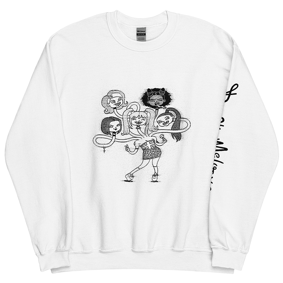 The front of a white unisex sweatshirt, featuring a playful cartoon drawing of the Spice Girls merged together as a friendly hydra monster. © Donny Meloche.