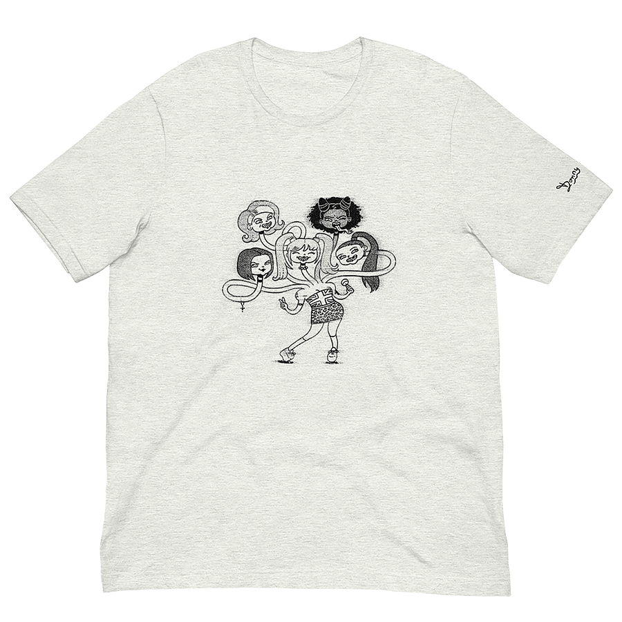 The front of a light ash grey unisex t-shirt, featuring a playful cartoon drawing of the Spice Girls merged together as a friendly hydra monster. © Donny Meloche.