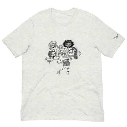The front of a light ash grey unisex t-shirt, featuring a playful cartoon drawing of the Spice Girls merged together as a friendly hydra monster. © Donny Meloche.