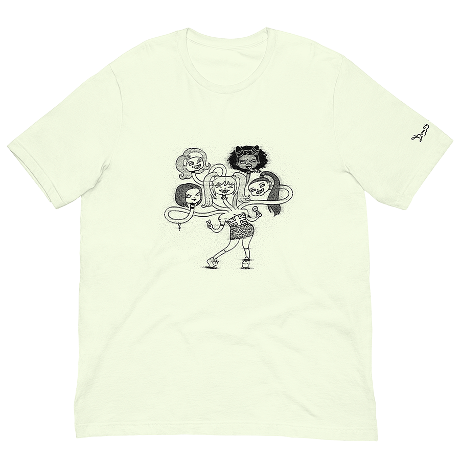 The front of a citron white unisex t-shirt, featuring a playful cartoon drawing of the Spice Girls merged together as a friendly hydra monster. © Donny Meloche.