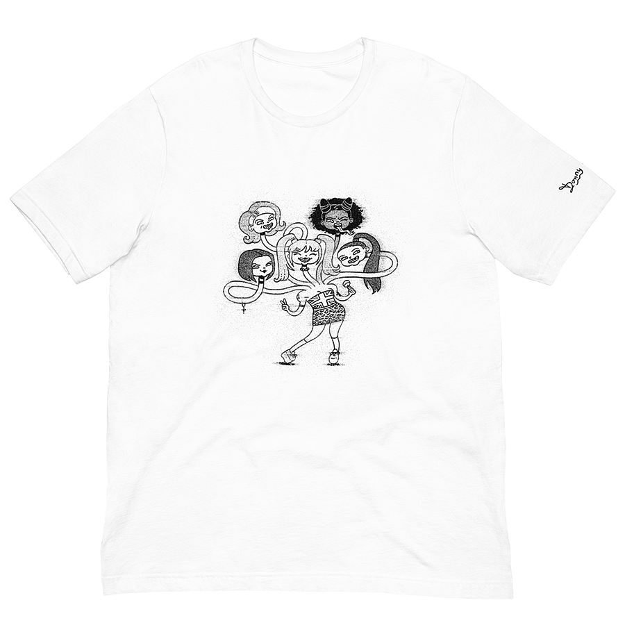 The front of a white unisex t-shirt, featuring a playful cartoon drawing of the Spice Girls merged together as a friendly hydra monster. © Donny Meloche.
