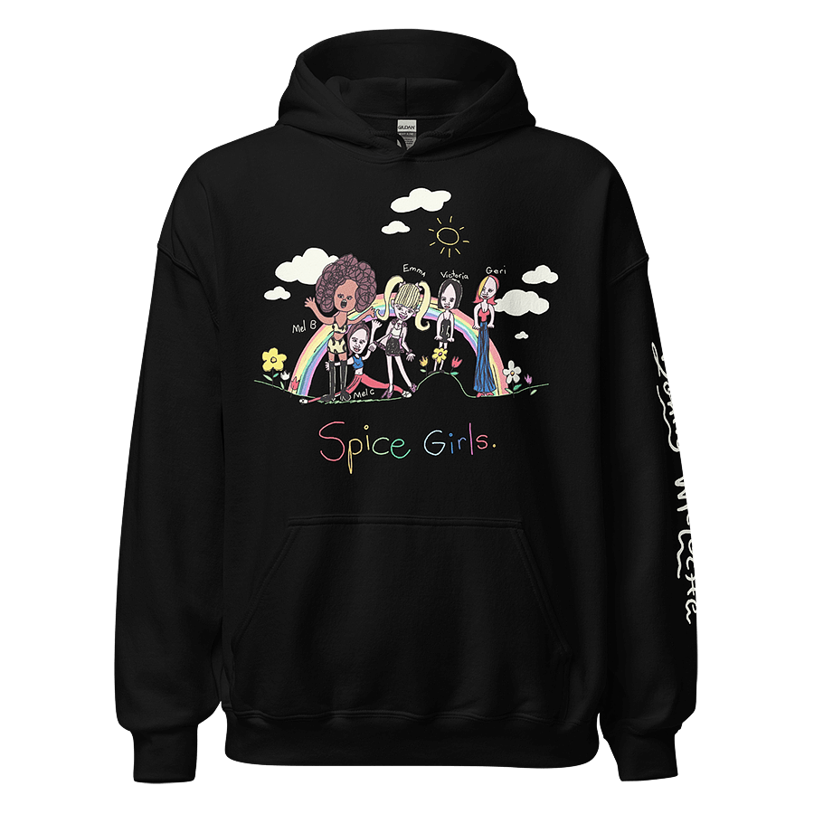 Black sweatshirt featuring a 1998 childhood sketch of the Spice Girls, a famous '90s girl group, lovingly remastered by LGBTQ+ artist and designer Donny Meloche. © Donny Meloche.
