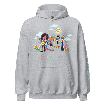 Grey sweatshirt featuring a 1998 childhood sketch of the Spice Girls, a famous '90s girl group, lovingly remastered by LGBTQ+ artist and designer Donny Meloche. © Donny Meloche.