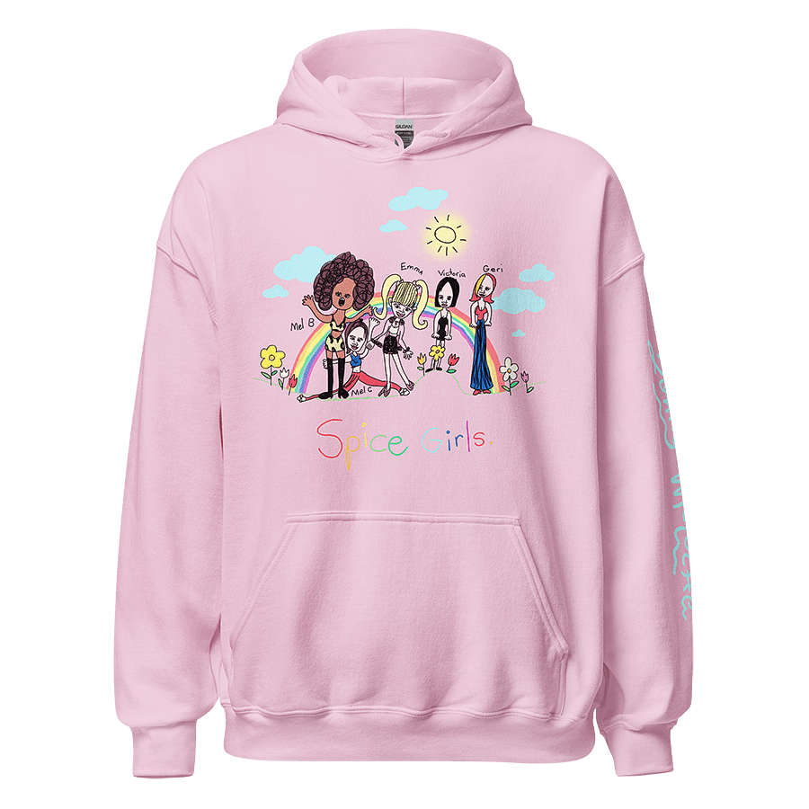 Pink sweatshirt featuring a 1998 childhood sketch of the Spice Girls, a famous '90s girl group, lovingly remastered by LGBTQ+ artist and designer Donny Meloche. © Donny Meloche.