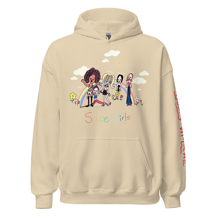 Tan sweatshirt featuring a 1998 childhood sketch of the Spice Girls, a famous '90s girl group, lovingly remastered by LGBTQ+ artist and designer Donny Meloche. © Donny Meloche.