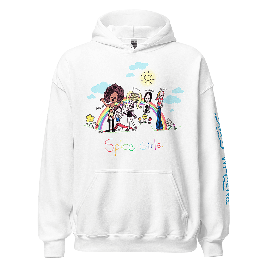 White sweatshirt featuring a 1998 childhood sketch of the Spice Girls, a famous '90s girl group, lovingly remastered by LGBTQ+ artist and designer Donny Meloche. © Donny Meloche.