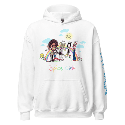 White sweatshirt featuring a 1998 childhood sketch of the Spice Girls, a famous '90s girl group, lovingly remastered by LGBTQ+ artist and designer Donny Meloche. © Donny Meloche.