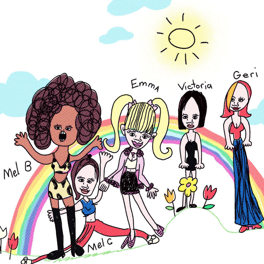 Playful childhood drawing of the Spice Girls, hand-drawn in 1998, featuring Scary Spice, Sporty Spice, Baby Spice, Posh Spice, and Ginger Spice on a hill with a rainbow backdrop, accompanied by a sun and colorful flowers. "Spice Girls" is handwritten below.