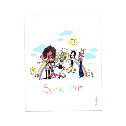 Playful childhood drawing of the Spice Girls, hand-drawn in 1998, featuring Scary Spice, Sporty Spice, Baby Spice, Posh Spice, and Ginger Spice on a hill with a rainbow backdrop, accompanied by a sun and colorful flowers. "Spice Girls" is handwritten below.