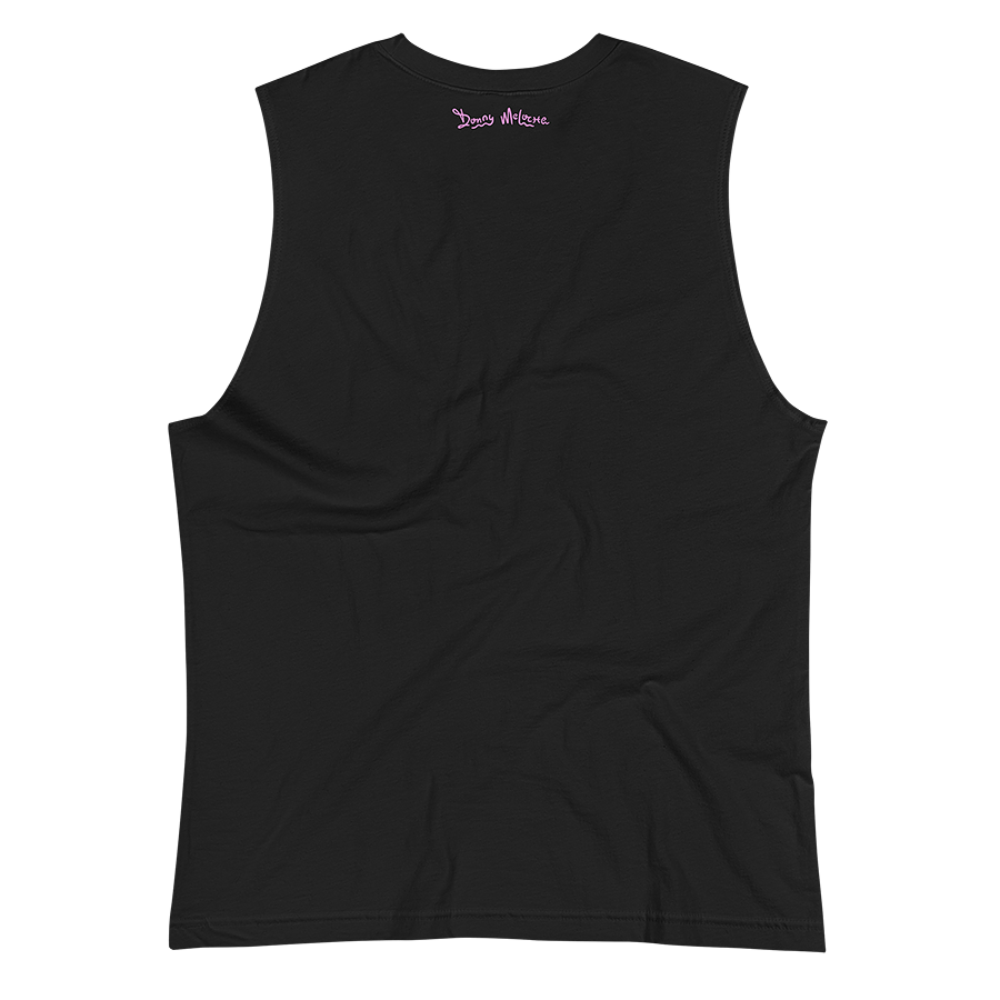 The back of a black muscle tank top shirt with a pink wordmark logo printed alongside the neckline, spelling out the name ‘Donny Meloche’. © Donny Meloche, 2023.
