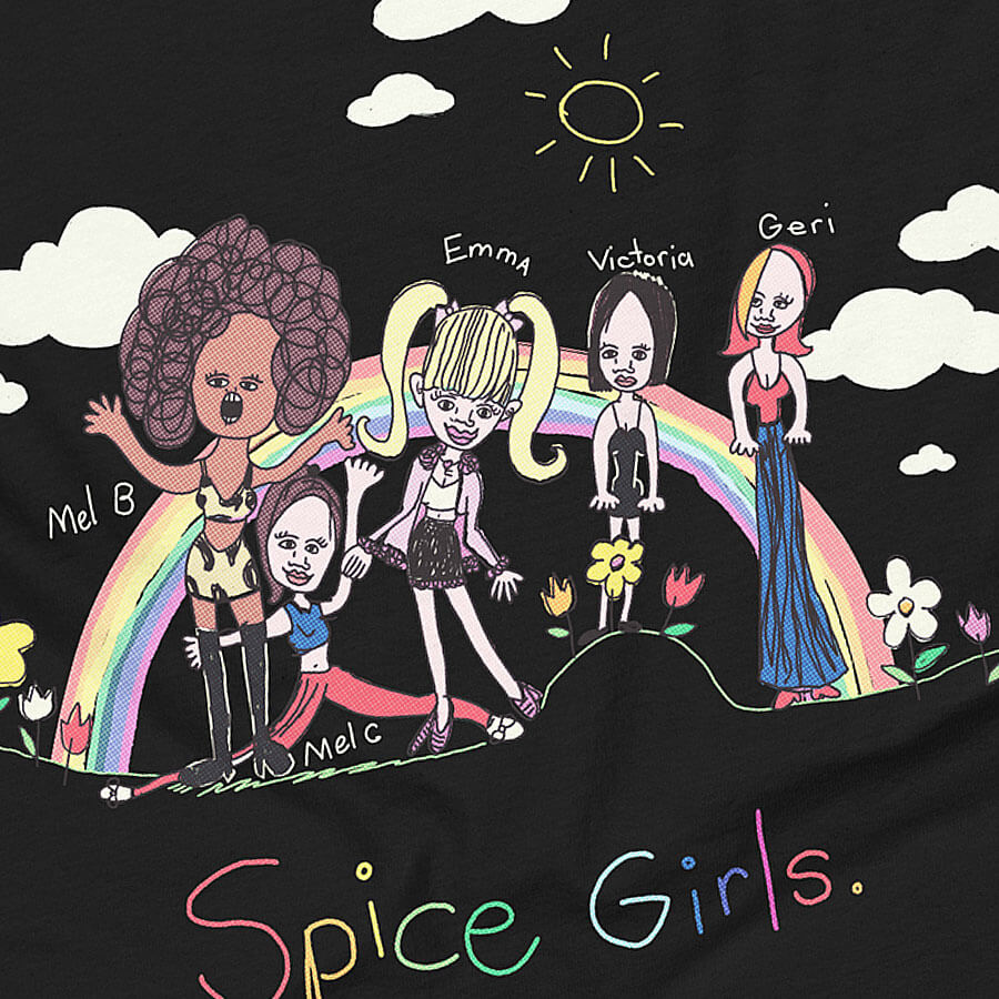 Detail of a black muscle tank top shirt with a playful childhood drawing of the Spice Girls, hand-drawn in 1998, featuring Scary Spice, Sporty Spice, Baby Spice, Posh Spice, and Ginger Spice on a hill with a rainbow backdrop, accompanied by a sun and colorful flowers. "Spice Girls" is handwritten below. © Donny Meloche, 2023.