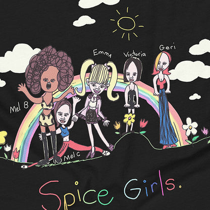 Detail of a black muscle tank top shirt with a playful childhood drawing of the Spice Girls, hand-drawn in 1998, featuring Scary Spice, Sporty Spice, Baby Spice, Posh Spice, and Ginger Spice on a hill with a rainbow backdrop, accompanied by a sun and colorful flowers. "Spice Girls" is handwritten below. © Donny Meloche, 2023.