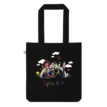 A black canvas tote bag featuring a childhood drawing of the Spice Girls in a field of summer flowers, under a vibrant sun and rainbow. Spice up your life!