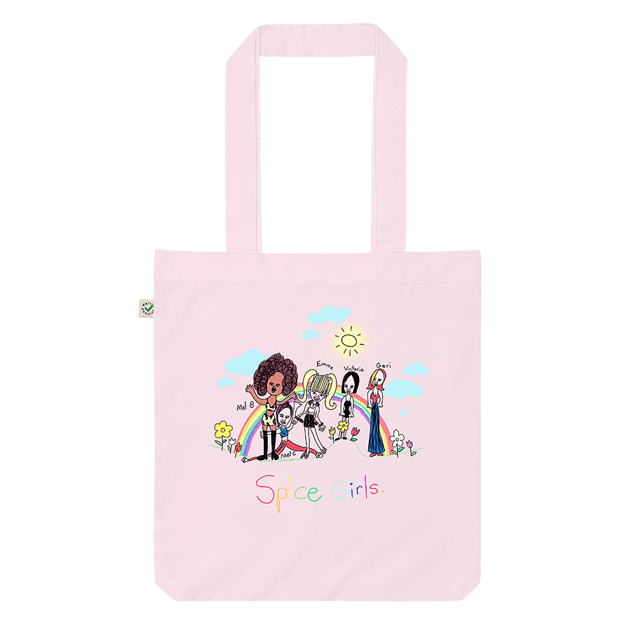 A pink canvas tote bag featuring a childhood drawing of the Spice Girls in a field of summer flowers, under a vibrant sun and rainbow. Spice up your life!