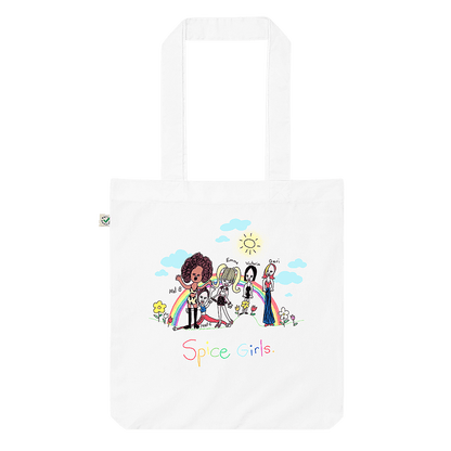 A white canvas tote bag featuring a childhood drawing of the Spice Girls in a field of summer flowers, under a vibrant sun and rainbow. Spice up your life!