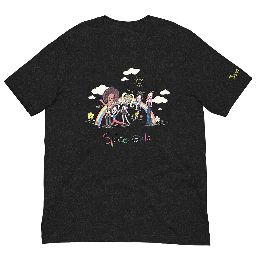 Front of a black heather graphic tee featuring a nostalgic childhood drawing of the Spice Girls in a vibrant field of spring flowers, set against a backdrop of whimsical clouds, a radiant sun, and a colorful rainbow. © Donny Meloche, 2023.