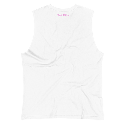 The back of a white muscle tank top shirt with a pink wordmark logo printed alongside the neckline, spelling out the name ‘Donny Meloche’. © Donny Meloche, 2023.