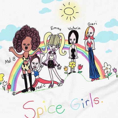 Detail of a white muscle tank top shirt with a playful childhood drawing of the Spice Girls, hand-drawn in 1998, featuring Scary Spice, Sporty Spice, Baby Spice, Posh Spice, and Ginger Spice on a hill with a rainbow backdrop, accompanied by a sun and colorful flowers. "Spice Girls" is handwritten below. © Donny Meloche, 2023.