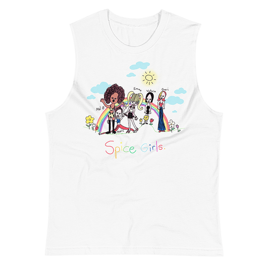 The front of a white muscle tank top shirt with a playful childhood drawing of the Spice Girls, hand-drawn in 1998, featuring Scary Spice, Sporty Spice, Baby Spice, Posh Spice, and Ginger Spice on a hill with a rainbow backdrop, accompanied by a sun and colorful flowers. "Spice Girls" is handwritten below. © Donny Meloche, 2023.