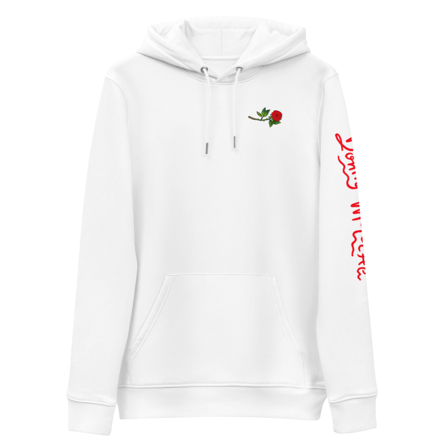 The front of a white hoodie with a small illustration of a tilted red rose; placed over the heart on the left side of the chest. © Donny Meloche, 2023.