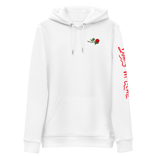 The front of a white hoodie with a small illustration of a tilted red rose; placed over the heart on the left side of the chest. © Donny Meloche, 2023.