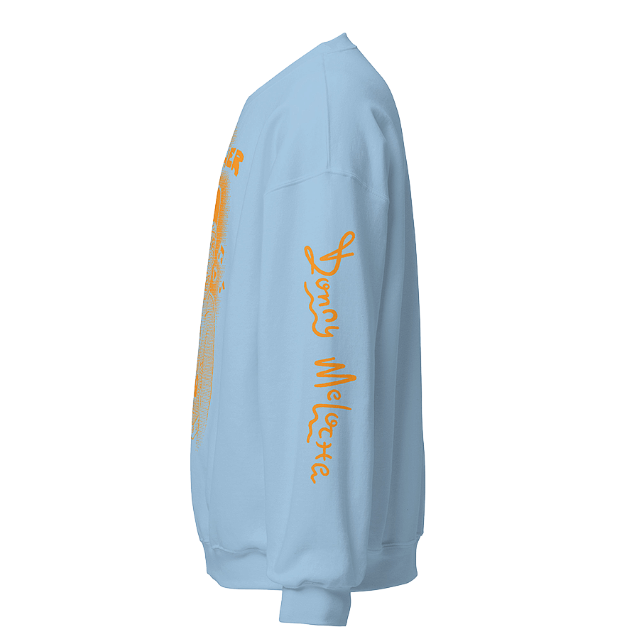 A picture of a baby blue sweatshirt with a playful orange logo along the left side of the sleeve, spelling on the name 'Donny Meloche'. © Donny Meloche, 2023.