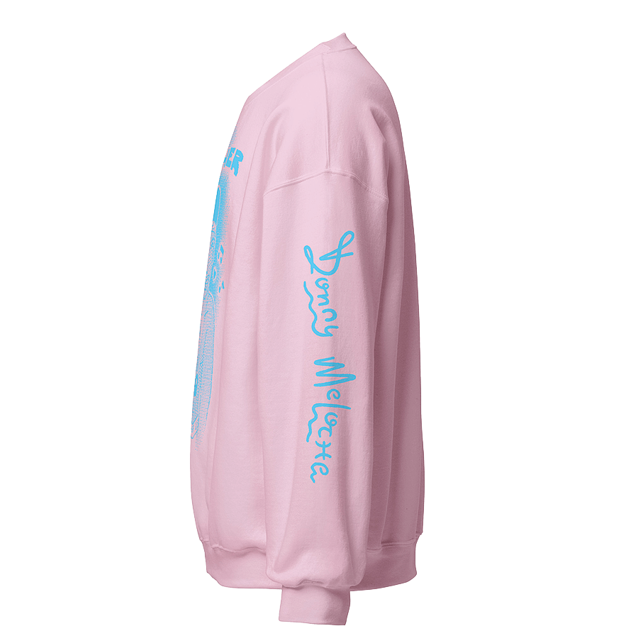 A picture of a bubblegum pink sweatshirt with a playful baby blue logo along the left side of the sleeve, spelling on the name 'Donny Meloche'. © Donny Meloche, 2023.