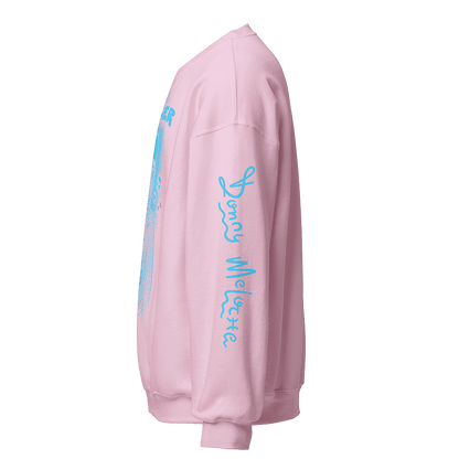 A picture of a bubblegum pink sweatshirt with a playful baby blue logo along the left side of the sleeve, spelling on the name 'Donny Meloche'. © Donny Meloche, 2023.