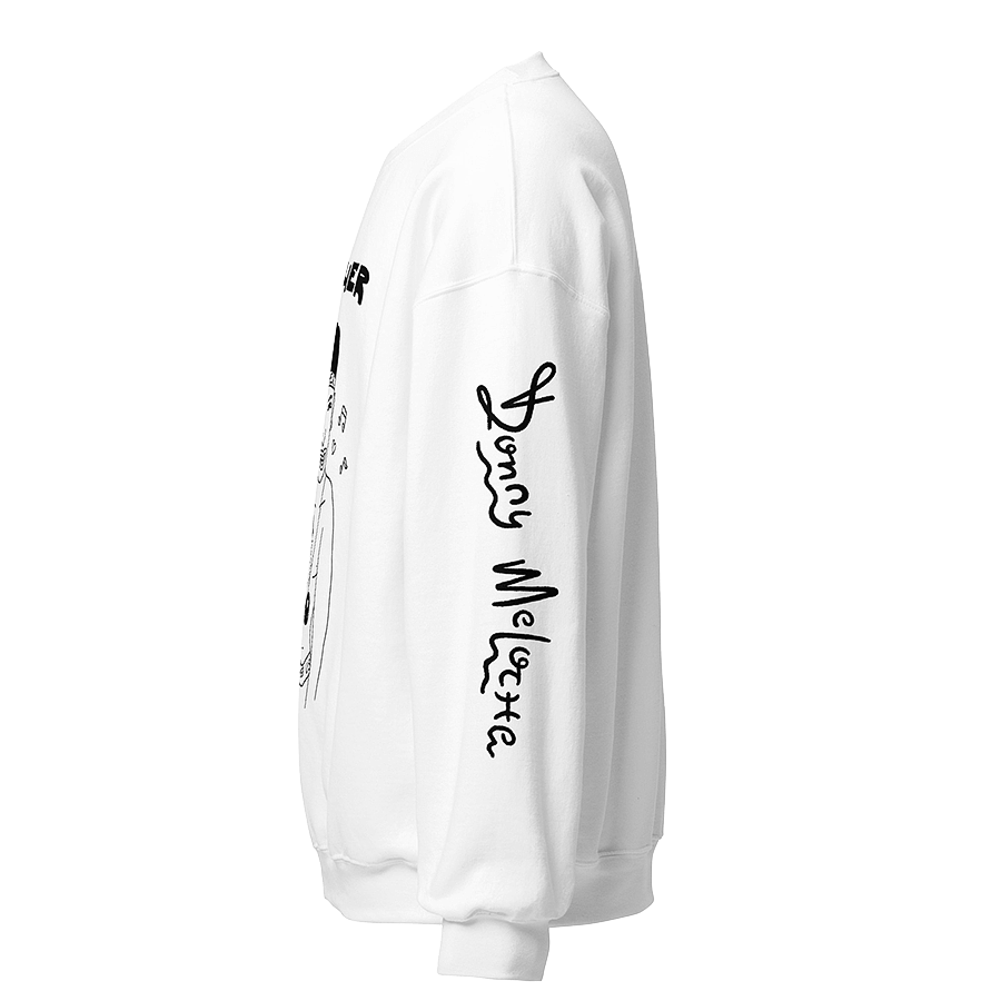 A picture of a white sweatshirt with a playful black logo along the left side of the sleeve, spelling on the name 'Donny Meloche'. © Donny Meloche, 2023.