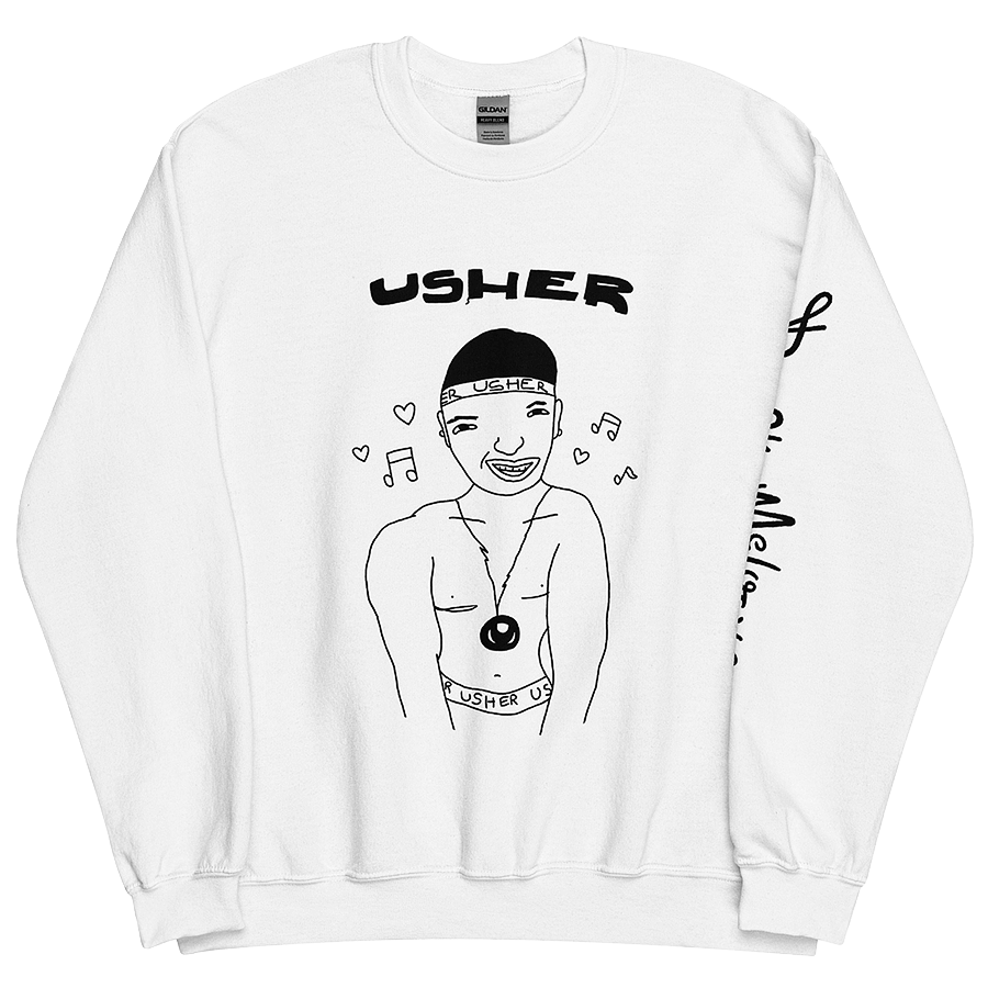 An image of a white sweatshirt with a black graphic featuring a childlike illustration of American R&B music singer, Usher Raymond. He stands smiling with a chain around his neck and musical notes around his head. © Donny Meloche, 2023.