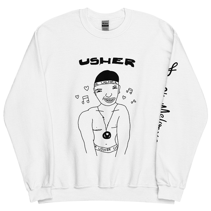 An image of a white sweatshirt with a black graphic featuring a childlike illustration of American R&B music singer, Usher Raymond. He stands smiling with a chain around his neck and musical notes around his head. © Donny Meloche, 2023.