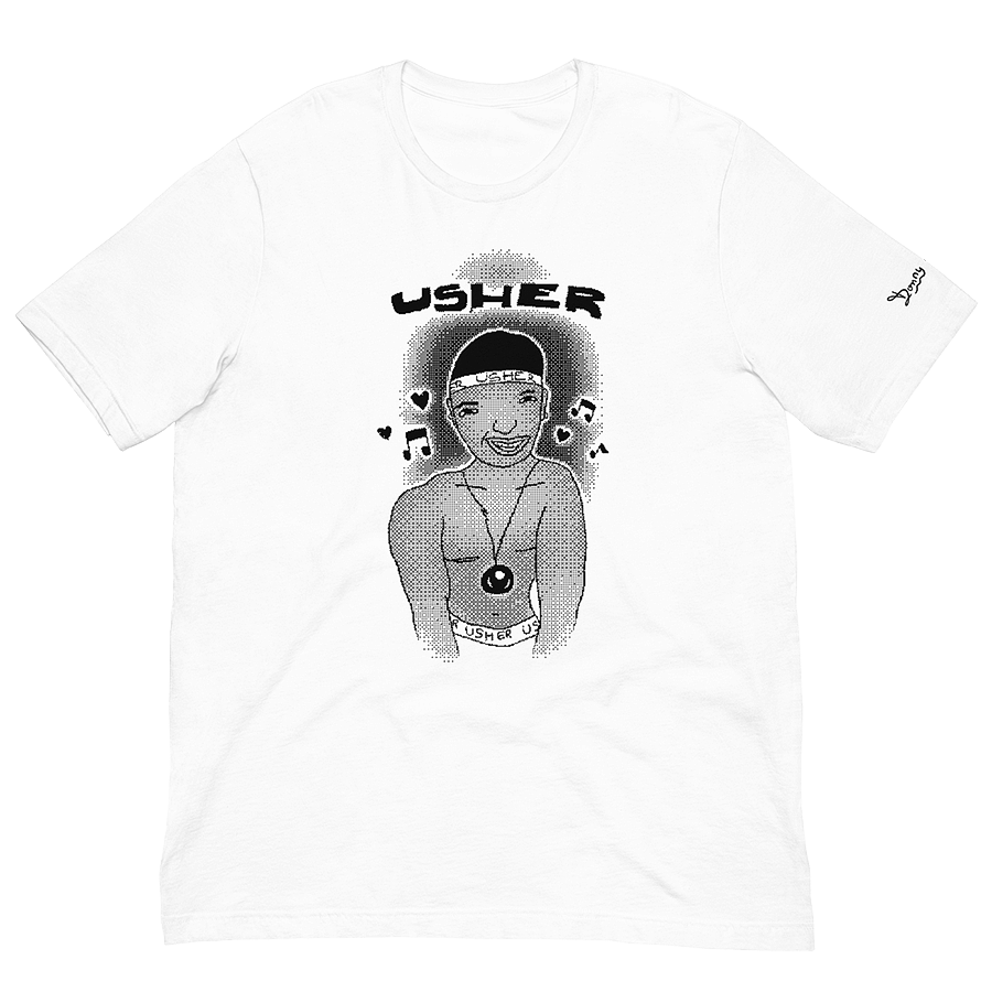 A white unisex t-shirt with a playful childhood bitmap art drawing of R&B singer Usher Raymond, from the late 90s. © Donny Meloche, 2023.